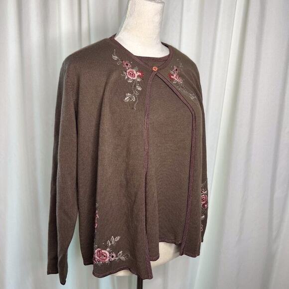 Koret Vintage Floral Embroidered One Piece Cardigan Blouse Brown Women's Large - Picture 13 of 14